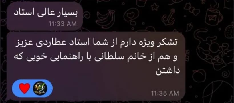 پیام دانشجو در تلگرام: «بسیار عالی استاد … تشکر ویژه دارم از شما استاد عطاردی عزیز و هم از خانم سلطانی با راهنمایی خوبی که داشتن»