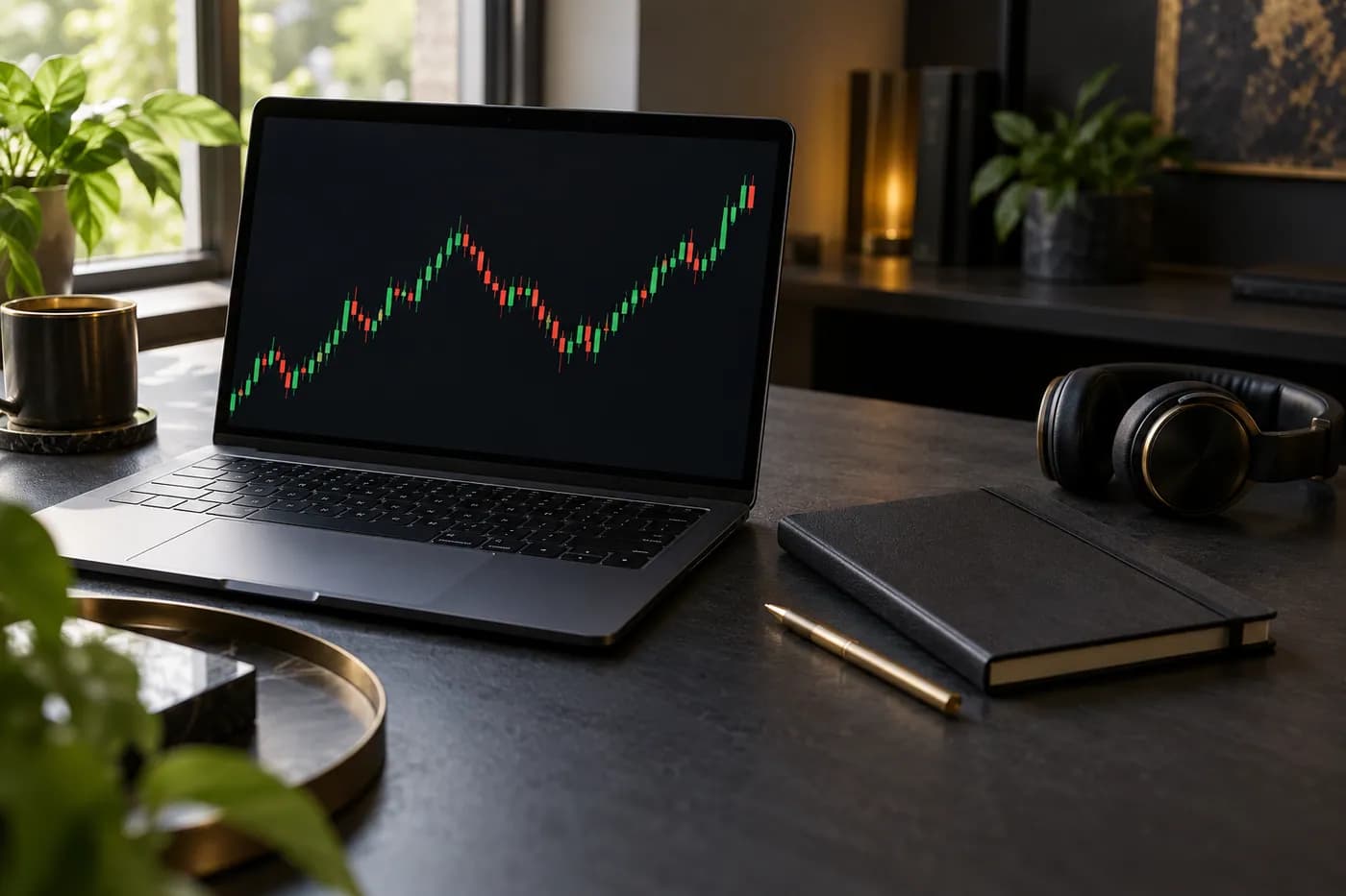 میز مطالعه دوره آنلاین با لپتاپ، نمودار خام، هدفون و دفتر تمرین